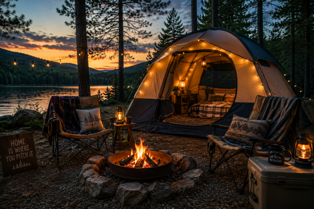 Comfortable lakeside camping setup with tent, campfire and chairs